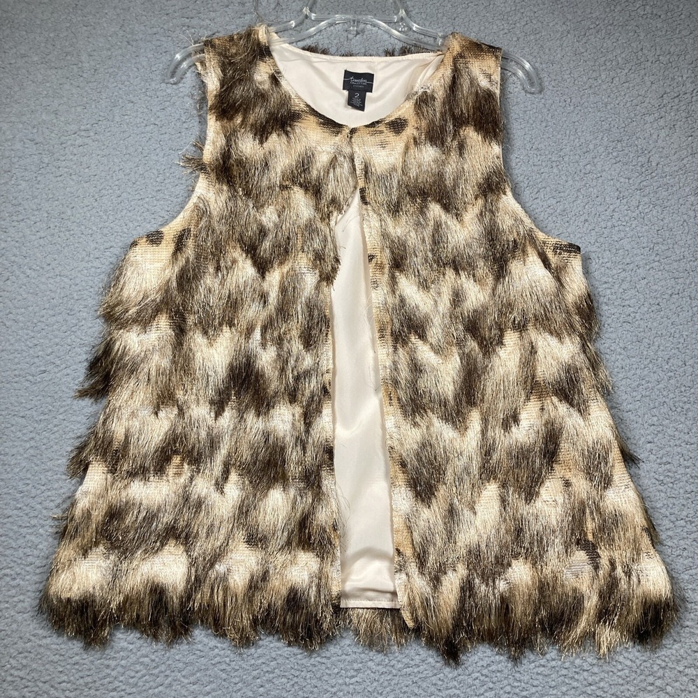 Chicos Travelers Collection Vest Womens 2 Large Faux Fur Fringe Maximalist